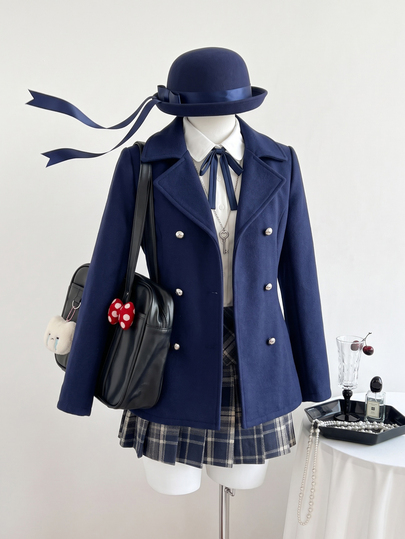 Elamini Autumn/Winter Navy Blue Preppy Style Lapel Waist-Cinching Pocket Wool Coat, Suitable For Back To School And Graduation Outfits