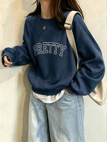 Selamara New Hot-Selling Letter Embroidered Regular Fit Women's Sweatshirt Heavy Embroidery Top - Blue - View 4