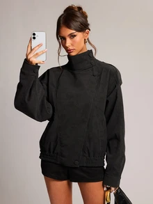 SHEIN BAE جاكيت نسائي بلون موحد بياقة واقفة كاجوال متعدد الاستخدامات للسفر اليومي بأكمام طويلة - الأسود - مشاهدة 2