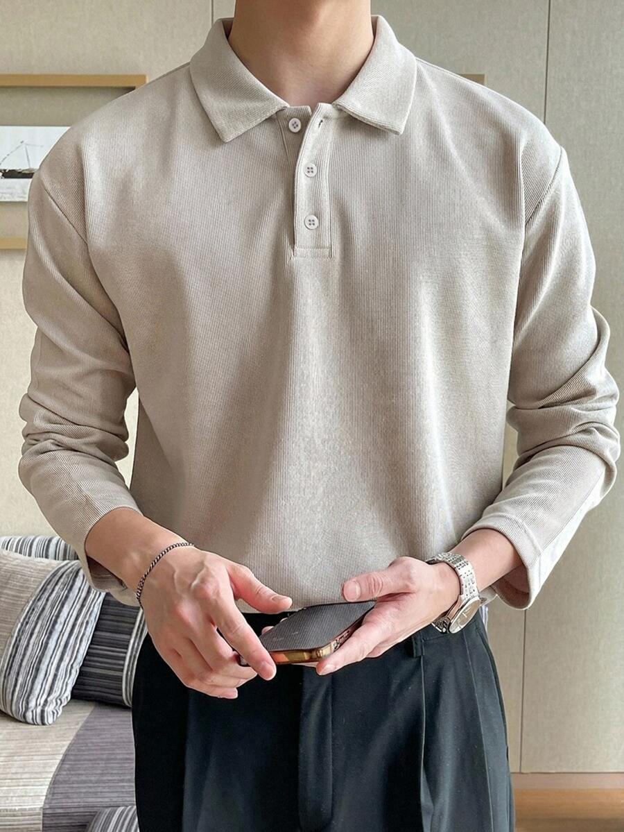 DAZY 春秋男士杏色長袖刷毛針織 Polo 領 T 恤 - 杏色 - 查看 1