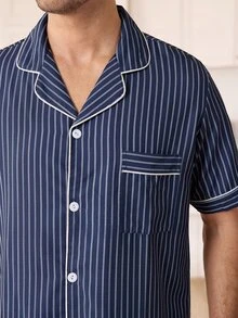 CoupledUp Classic Striped Print Open Front Lapel Short Sleeve Long Pants Men's Pajama Set - Navy Blue - View 4