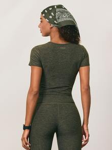 GLOWMODE FeatherFit™-CloudBlend Pick Your Path Slim Fit Waist Length Crewneck T-Shirt With Contrast Side Panels Camping Hiking Yoga Studio Daily Active - Trail Green - View 3