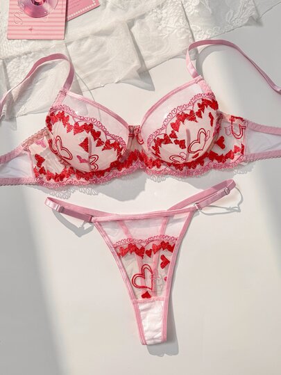 PetitDoll Sweet & Spicy Girl Pink Embroidered Heart Bra, Sheer Mesh See-Through Sexy Lingerie Set 2pcs
