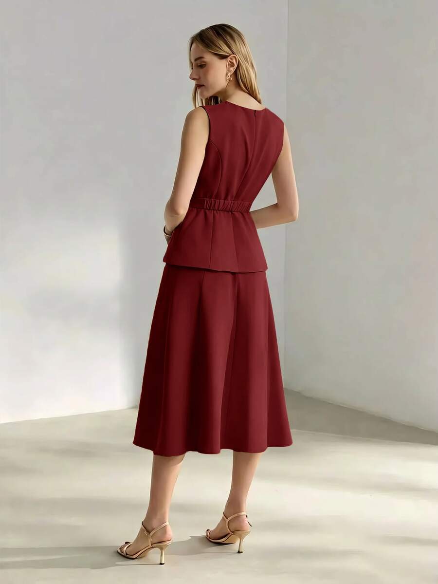 MOTF PREMIUM SOLID PEPLUM WAIST FLARE HEM BELTED DRESS WOMEN OUTFIT - Burgundy - View 2