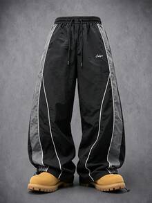 Manfinity Denimwave Men's Casual Letter Print Drawstring Waist Sports Long Pants - Black - View 1
