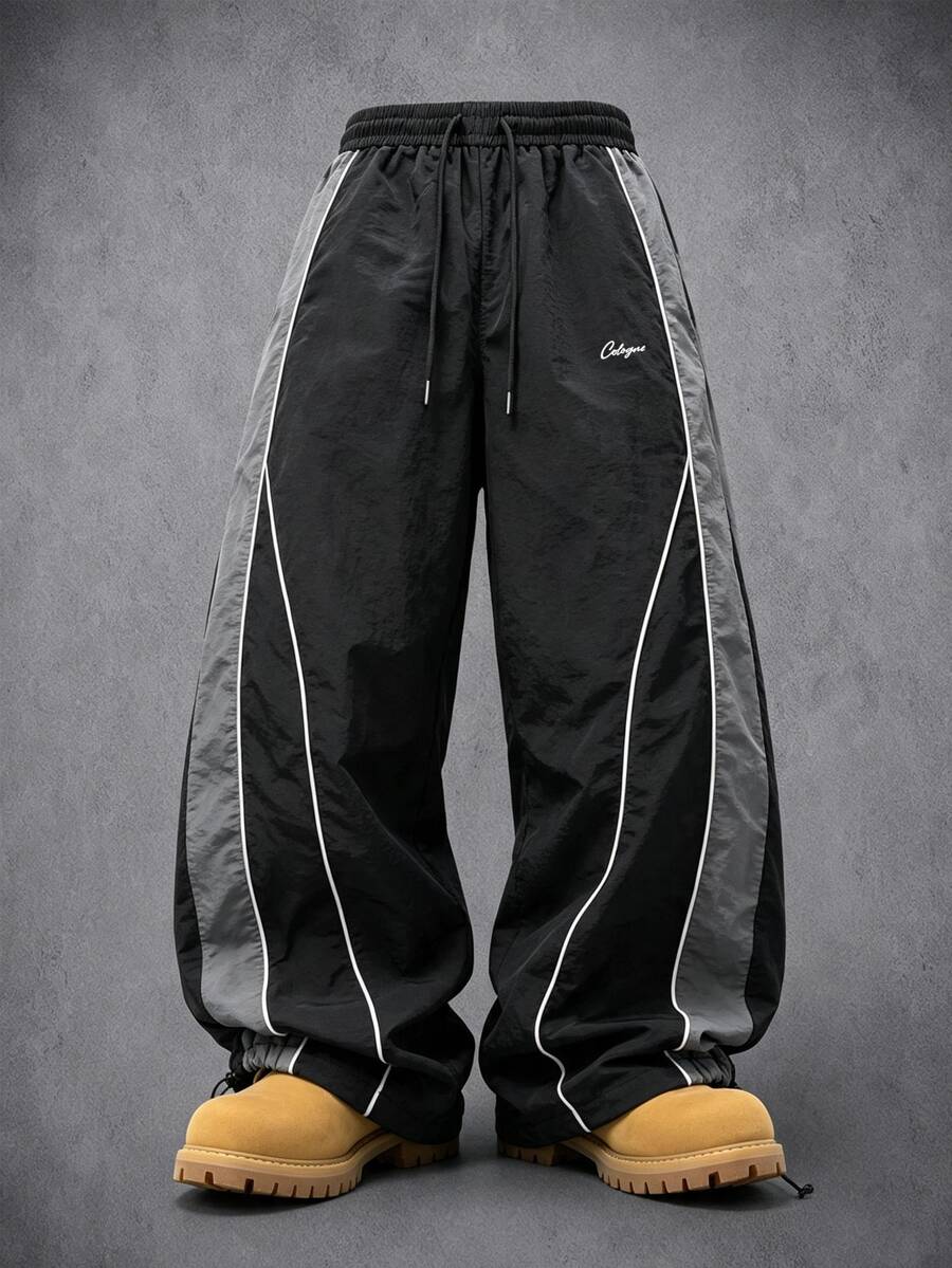 Manfinity Denimwave Men's Casual Letter Print Drawstring Waist Sports Long Pants - Black - View 1
