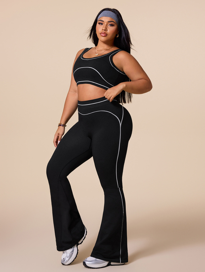 SHEIN Rhythm Era Women's Plus Size 2-Piece Colorblock Sports Set, V-Neck Backless High-Impact Sports Bra And Comfortable Casual Leggings