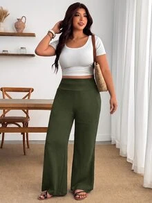 Enliva Plus Size Women's Solid Color Casual Versatile Everyday Long Pants - Army Green - View 5