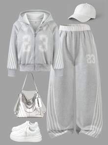 SHEIN ChillGRL 返校季女童2件套，創意條紋印花拉鍊短版連帽外套搭配側條紋寬腿長褲，常規厚度針織休閒百搭運動外套套裝，休閒運動風，適合春秋日常上學與戶外運動穿著 - 灰色 - 查看 1