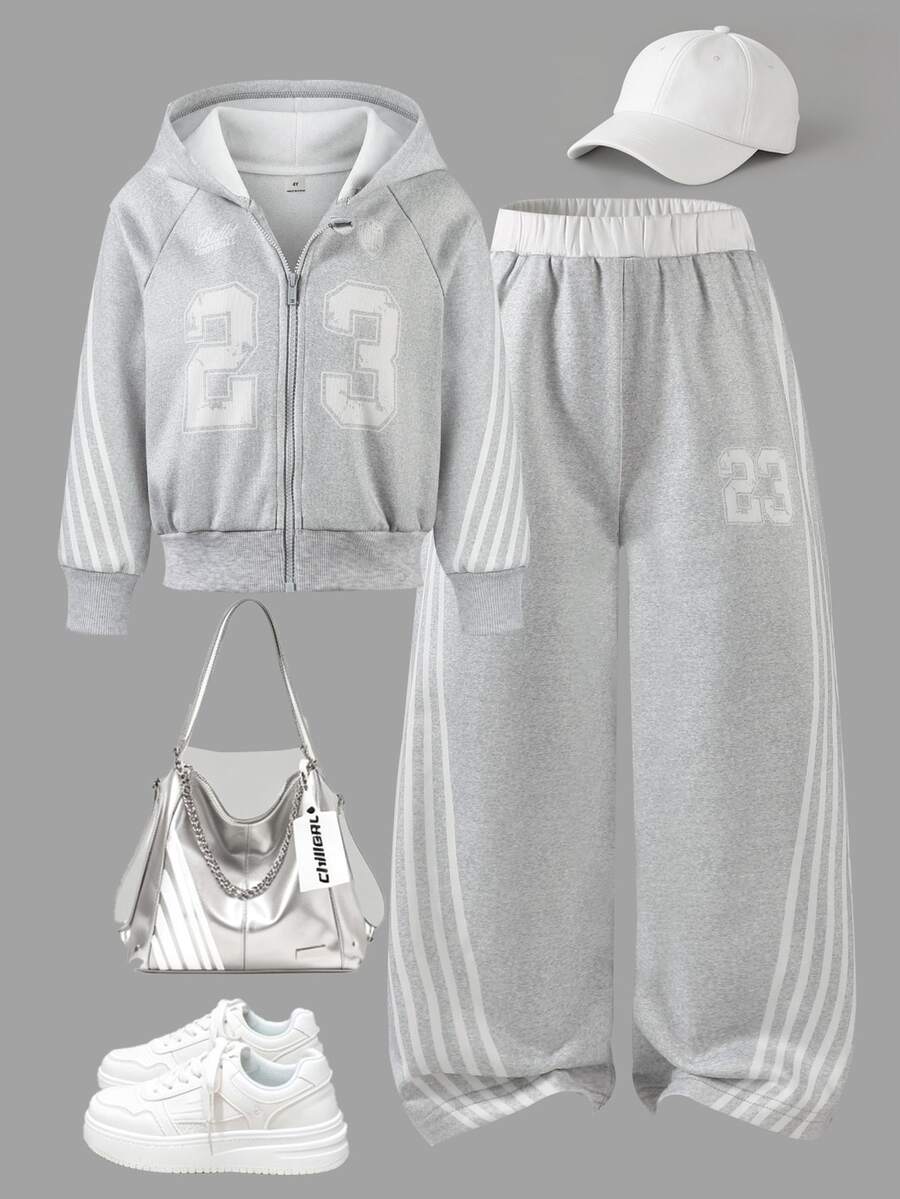 SHEIN ChillGRL 返校季女童2件套,創意條紋印花拉鍊短版連帽外套搭配側條紋寬腿長褲,常規厚度針織休閒百搭運動外套套裝,休閒運動風,適合春秋日常上學與戶外運動穿著 - 灰色 - 查看 1