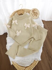 SHEIN Girlss Sweater Co-Ords High Neck Bow Knitted Sweater Set Asymmetrical Hem Top And Flared Long Wide Leg Pants 2 Piece Set Soft And Skin-Friendly Fall W - Apricot - View 5