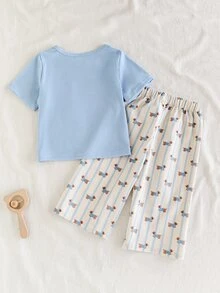 SHEIN Vintaside Kids 2件組男嬰可愛休閒短袖上衣與格紋長褲套裝，適合夏季與旅行 - 藍白色 - 查看 2