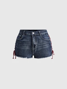 ROMWE Goth Shorts vaqueros mini súper cortos de talla grande con diseño de cordón, bolsillos con patrón de bordado de cruz gótica oscura - Azul - Ver 2