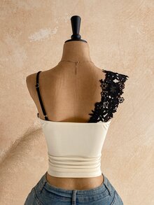 Soleia Sexy V-Neck Camisole With Lace Trim And Color Block Design For Women, Party, Date, Boho, Vacation, Vintage, Holiday - Apricot - View 8