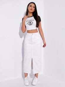 SHEIN ICON Casual Versatile Solid Color Split Hem Denim Skirt - White - View 5