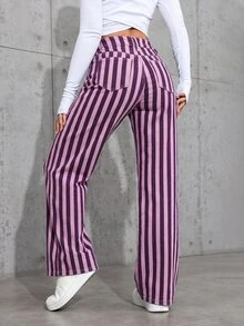 SHEIN ICON 女款條紋高腰口袋寬腿寬鬆牛仔褲 - 彩色 - 查看 2