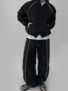 DAZY Spring/Autumn Black & White Drawstring Design Regular Fit Zipper Hem & Cuffs Elastic Waist Pants Men's Jacket Set - Black - View 4