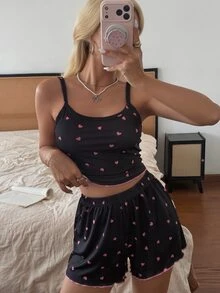 Softscene Heart Print Sexy Style Women's Camisole & Shorts Loungewear Set - Black - View 5