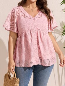 Comfylo Plus Size Vacation Casual Solid Color Cut-Out Shirt - Dusty Pink - View 4