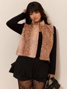 CovetEZ 秋冬款女孩鹿花紋毛絨軟綿休閒大尺碼外套 - 棕色 - 查看 5