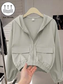 SHEIN 青少年女孩編織純色貼袋短版寬鬆休閒連帽外套 - 橄欖綠 - 查看 3