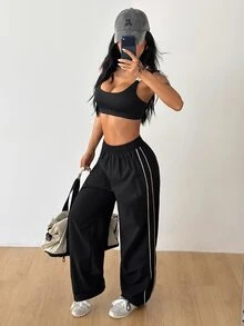 Coolane Women's Ultra Short Top & Long Pants Sports Set - Black and White - View 6