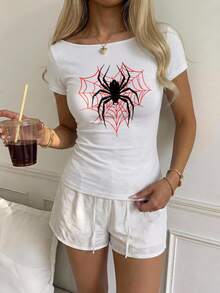 CovetEZ 休閒極簡性感露肩 95% 白色棉短袖 T-shirt，適合春夏，春夏服飾，蜘蛛印花圖案 - 白色 - 查看 3