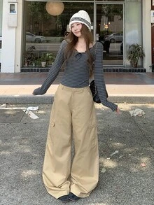 DAZY 女款休閒純色寬腿工裝褲 - 卡其色 - 查看 5