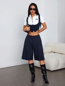 SHEIN PETITE 春季簡約通勤灰色百慕達短褲女款西裝短褲 - 藏蓝色 - 查看 8