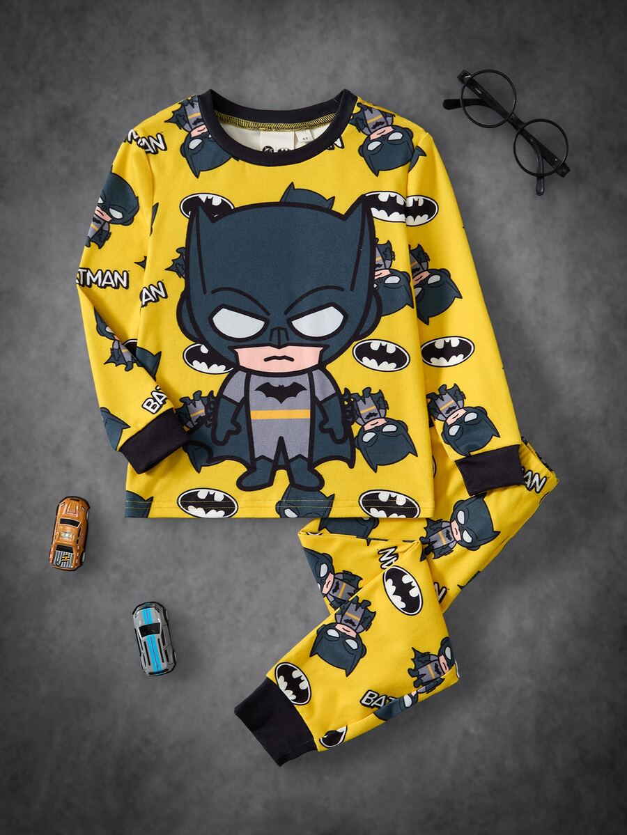 BATMAN X SHEIN 小男孩卡通印花上衣與長褲修身居家服 - 黃色 - 查看 1