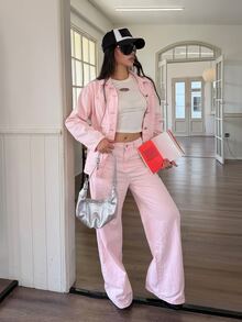 DAZY Women's Long Sleeve Single-Breasted Shirt And Long Pants Casual Denim Set Fall - Pink - View 7