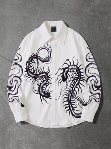 ROMWE MEN Street Life Men's Fashion Gothic Print Long Sleeve Shirt - White - View 6