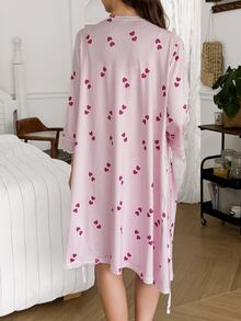 Moonlight&Mama Casual Striped Heart Print Lace Patchwork Nursing Camisole And Robe 2 Pieces Maternity Sleepwear Set - Pink - View 2
