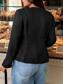 Vionelle Plus Size Round Neck Chinese Style Black Frog Button Waist Cinched Faux Linen Long Sleeve Vintage National Slimming Jacket Office Formal Autumn Fall - Black - View 2