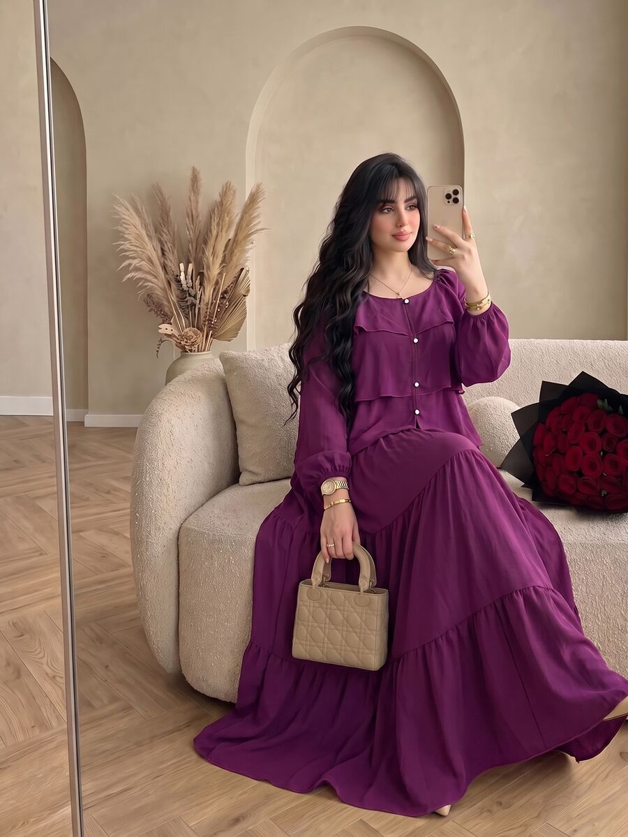 Modelyn Setelan 2 Potong Ukuran Plus, Kain Sutra Es Berkerut, Gaya Kasual Elegan, Cocok untuk Pakaian Sehari-hari di Musim Semi dan Gugur serta Acara Kencan. - Red Violet - View 1
