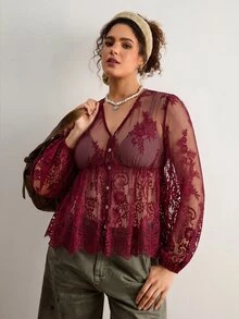 Freevana 女款蕾絲貝殼鈕扣透視襯衫，大尺碼寬鬆優雅上衣，適合日常穿著、外出、通勤、度假，春夏季 - 酒紅色 - 查看 3