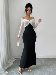 SHEIN Raffinéa Elegant Sexy Off-Shoulder Long Sleeve Fitted Bodycon Dress For Women - Black and White - View 5