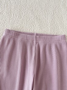 SHEIN 女童大童針織羅紋連帽不對稱下擺T恤與內搭褲2件套 - 粉色 - 查看 8