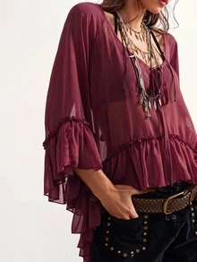 Bohemela Casual Solid Color Woven Ruffle Trim Oversized Women's Shirt - Rust Brown - View 7