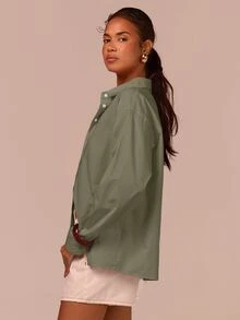 COSMINA Women's Casual Solid Color Front Button-Down Drop Shoulder Shirt, Autumn Style, Long Sleeve Shirt, Elegant Women's Shirt, Basic Versatile Shirt, Pink Shirt, Suitable For Office Wear, Daily Outfit, Loose Fit Shirt, Valentine's Day Shirt, Casual Shirt - Khaki - View 5