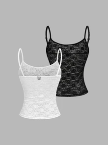 Flirla Casual Sexy Vacation Lace Camisole White Polka Dot Black Polka Dot Set Women's Tank Top Party Night Out Summer - Multicolor - View 2