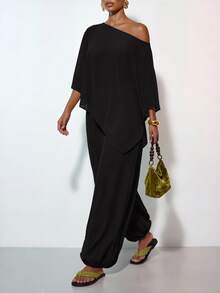 Zivah Women's Summer Solid Color Asymmetrical Shoulder Asymmetrical Hem Top And Jogger Pants Casual Set - Black - View 4