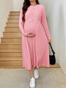 SHEIN Maternity Simple Textured Tie-Up Long Sleeve Dress Fall - Baby Pink - View 6