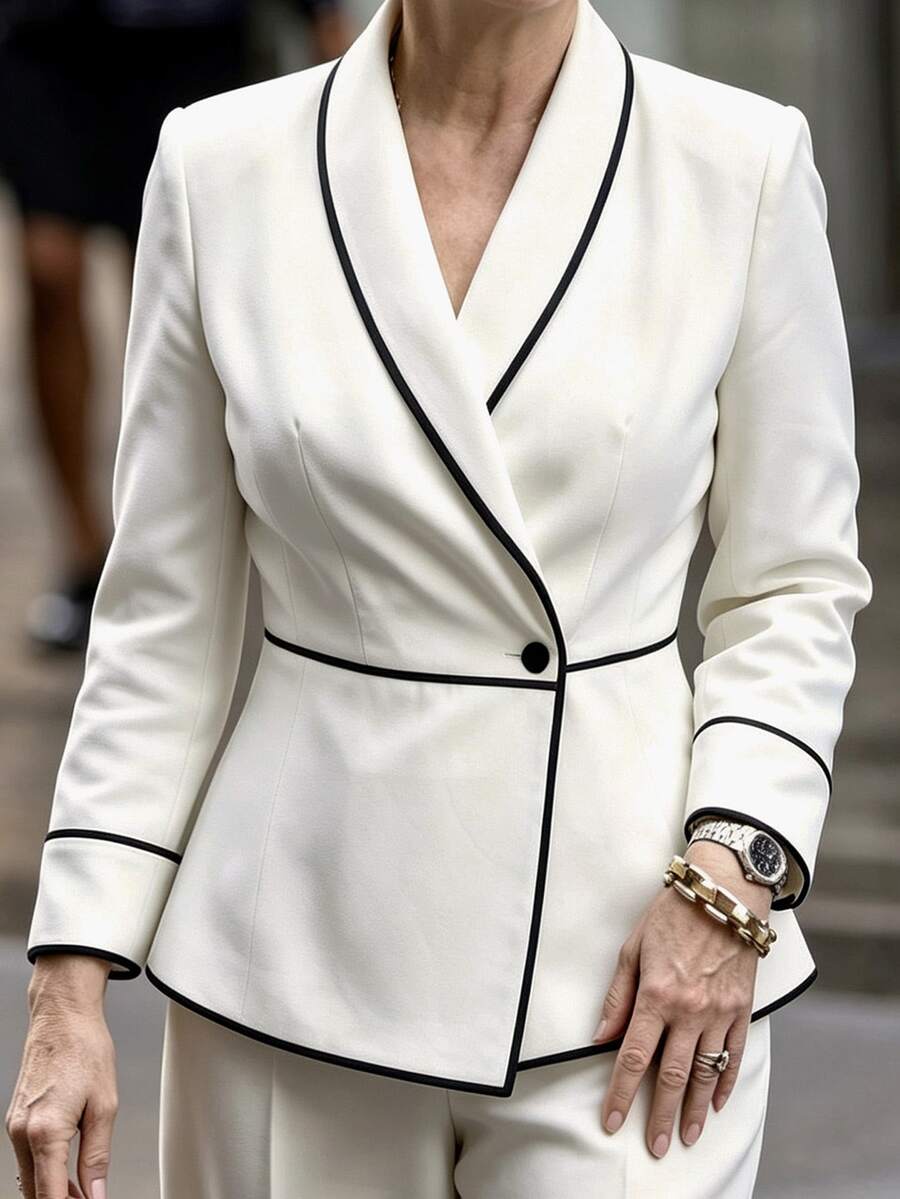 EMERY ROSE Women's Shawl Collar Long Sleeve Single Button Elegant Thin Jacket - White - View 1