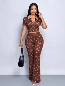 SOLERSUN Two Pieces Set Of Brown Printed Short-Sleeved Polo Shirt And Trousers With Contrasting Color Collar. Going Out Summer Streetwear Graphic - Coffee Brown - View 7
