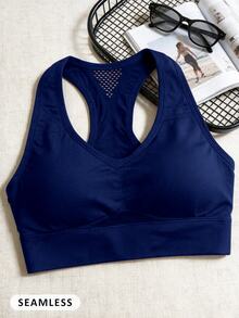 Powerista 1pc Seamless High Elastic Knit Fabric, Back Mesh Hollow Design, Racerback Style, Firm Support For Chest, Tight Without Pressure, Comfortable Without Oppression, Suitable For Yoga, Running, Aerobics And Various Sports, Women's Sports Bra - Navy Blue - View 4