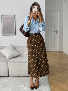 Elyressa Women's Woven Dotted Elegant Autumn Midi Skirt - Coffee Brown - View 3