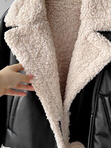 SHEIN 青少年女孩秋冬款 PU 人造毛一體長毛保暖夾克，加厚保暖內裡時尚街頭風寬鬆外套，黑色 - 黑色 - 查看 5