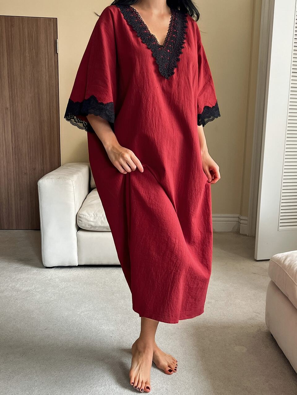 Summer & Autumn Elegant Lace Patchwork Deep V-Neck Loose Long Nightgown For Women