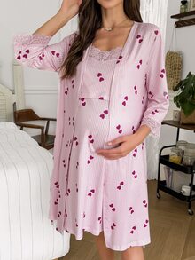Moonlight&Mama Casual Striped Heart Print Lace Patchwork Nursing Camisole And Robe 2 Pieces Maternity Sleepwear Set - Pink - View 5